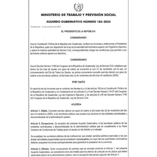 Asueto el 3 de noviembre 2025 para el sector público en Guatemala