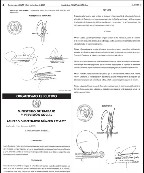 Autorizaron descanso 24, 26 y 31 de diciembre al sector público en Guatemala