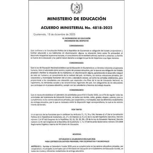 Calendario escolar en Guatemala 2026 sector privado