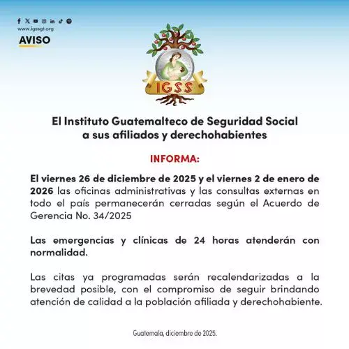 IGSS Lugares cerrados en Guatemala por Navidad y Año Nuevo 2025