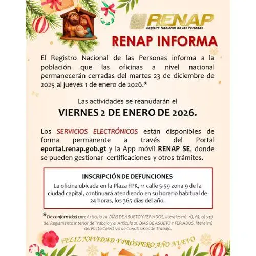 RENAP Lugares cerrados en Guatemala por Navidad y Año Nuevo 2025