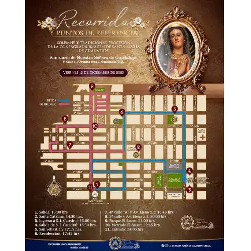 Recorrido procesión Virgen de Guadalupe el 12 de diciembre 2025