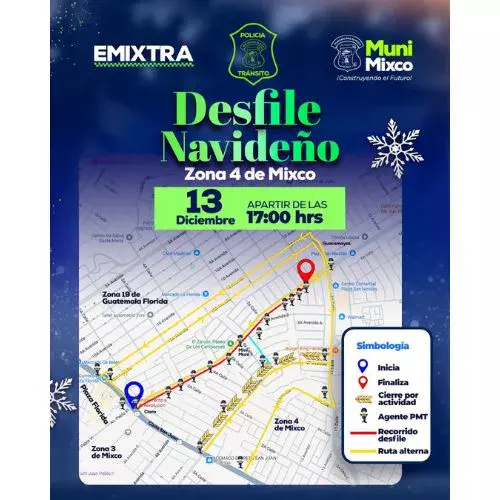 Rutas alternas cierres Desfile Navideño en la Zona 4 de Mixco