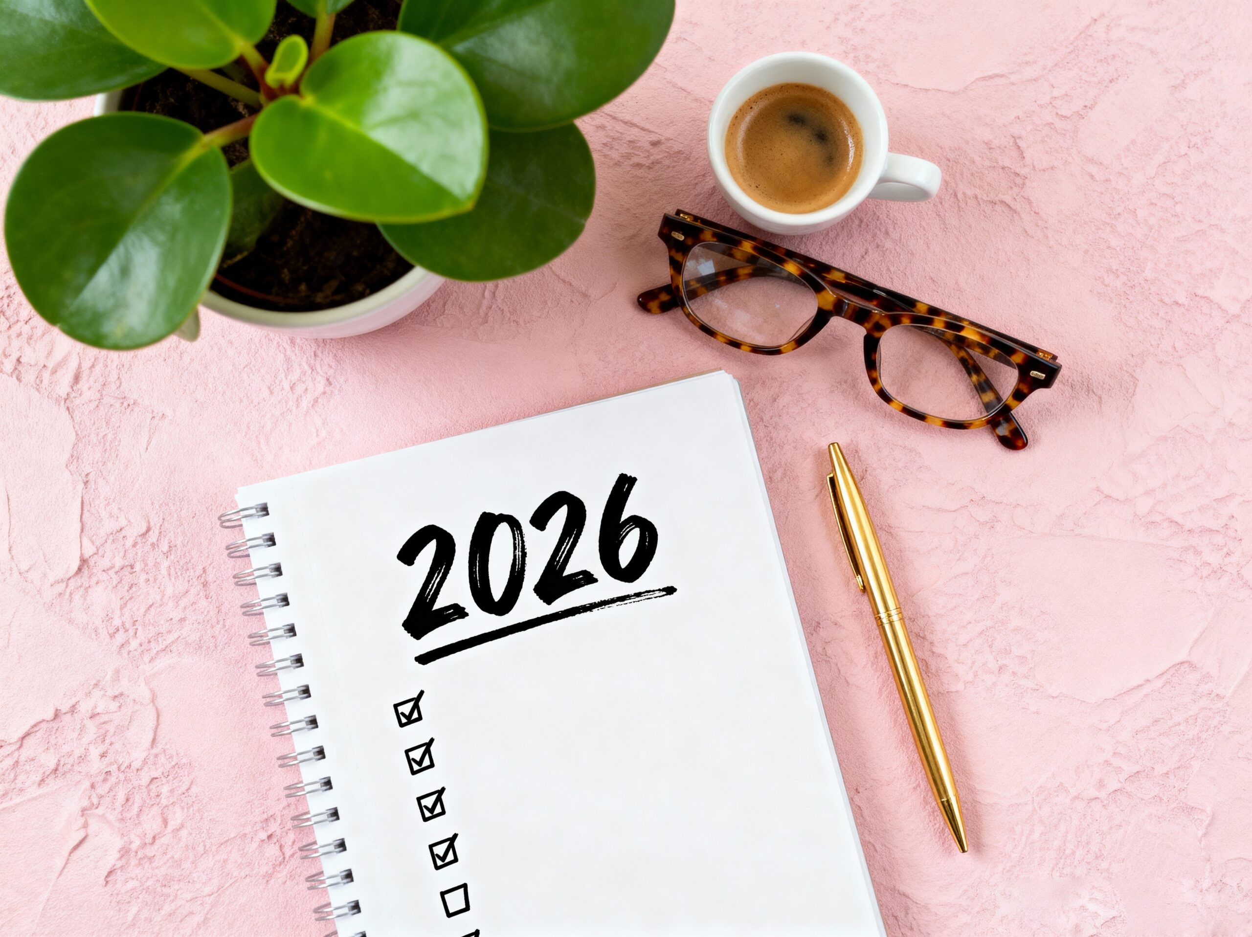 Resoluciones para el Nuevo año 2026. Lista de objetivos 2026 con cuaderno, taza de café, planta en mesa rosa. Resoluciones, Plan, objetivos, acción, lista de verificación, concepto de idea. Resoluciones del Nuevo año 2026, espacio para copias