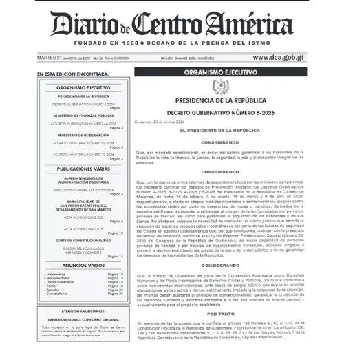 Gobierno de Guatemala renueva Estado de Prevención 21 de abril 2026