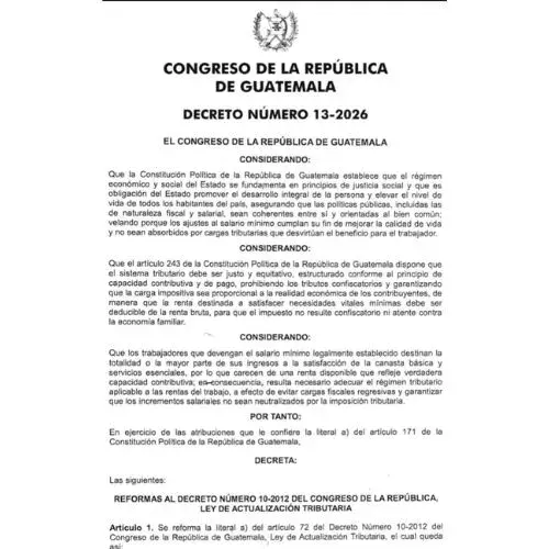 Exoneran pago de ISR en salario mínimo 2026 Guatemala